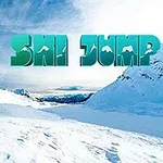 Zimní horská krajina s logem Ski Jump na modrém nebi
