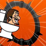 Kreslená postava s usměvavým výrazem sedí na toaletě před oranžovým pozadím se stylizovaným černým kroužkem