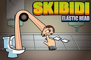 Muž s pružnou hlavou vycházející z toalety natahuje krk směrem k prstu, s nápisem Skibidi Elastic Head