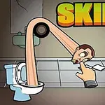 Muž s pružnou hlavou vycházející z toalety natahuje krk směrem k prstu, s nápisem Skibidi Elastic Head