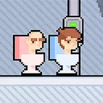 Dva pixeloví lidé sedící na toaletách s růžovým a modrým vybavením v pixelartovém stylu