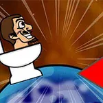 Karikaturní postava sedící na toaletě, umístěná na zeměkouli s červeným trojúhelníkem v popředí