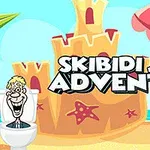 Karikatura postavy sedící na toaletě před obrovským pískovým hradem na pláži s nápisem Skibidi Jump Adventure