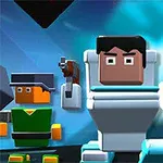 Tři stylizované postavy v blokovém stylu držené zbraněmi na sci-fi pozadí