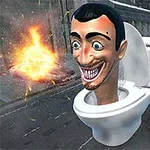 Mužská karikatura vykukující z toalety uprostřed města s výbuchy na pozadí