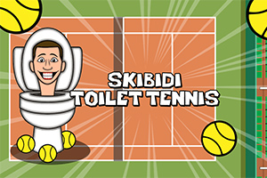 Karikatura muže v záchodové míse obklopeného tenisovými míčky na tenisovém kurtu s nápisem „Skibidi Toilet Tennis“