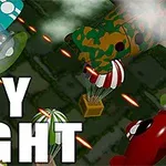 Barevné letadla v letecké bitvě s padáky na pozadí