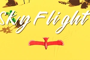 Nápis „Sky Flight“ na žlutém pozadí s červeným ptákem letícím pod textem