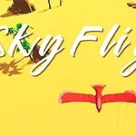 Nápis „Sky Flight“ na žlutém pozadí s červeným ptákem letícím pod textem