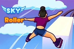 Postava na kolečkových bruslích s roztaženýma rukama sjíždí po rampě na obloze, doplněná textem Sky Roller na pozadí s mraky