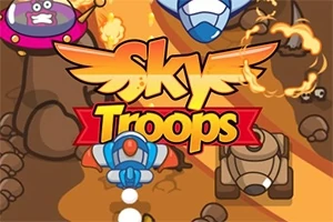 Barevná kreslená ilustrace s logem Sky Troops, zobrazující futuristická vozidla a létající talíře na hnědém pozadí
