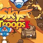 Barevná kreslená ilustrace s logem Sky Troops, zobrazující futuristická vozidla a létající talíře na hnědém pozadí