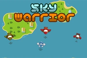 Barevné letadla letící nad mořem blízko ostrova s textem Sky Warrior