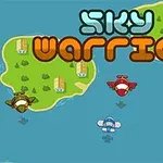 Barevné letadla letící nad mořem blízko ostrova s textem Sky Warrior