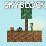 Postava stojí na malé zemi s truhlou, stromem, hromadou kamenů a loučí na modrém pozadí s nápisem SKYBLOCK nahoře