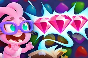 Růžový kreslený králík s brýlemi nadšeně sleduje tři růžové diamanty na barevném pozadí