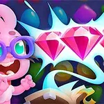 Růžový kreslený králík s brýlemi nadšeně sleduje tři růžové diamanty na barevném pozadí