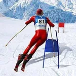 Lyžař ve slalomové dráze na zasněžené horské sjezdovce