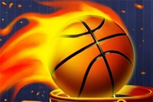 Basketbalový míč hořící plameny letící vstříc koši