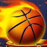Basketbalový míč hořící plameny letící vstříc koši