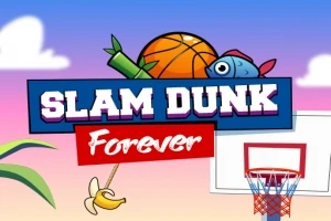 Text SLAM DUNK Forever na pastelově zbarveném pozadí s košem, basketbalovým míčem a banánem