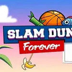 Text SLAM DUNK Forever na pastelově zbarveném pozadí s košem, basketbalovým míčem a banánem
