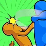 Modrá postava udeřuje oranžovou postavu na zeleném pozadí s malou postavou v uniformě v pozadí