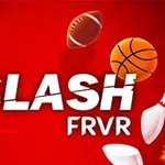 Text SLASH FRVR na červeném pozadí s létajícími sportovními míči a badmintonovými košíčky