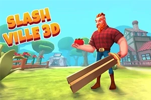 Muž v kostkované košili drží obrovský meč a jablko na pozadí vesnice s nápisem Slash Ville 3D