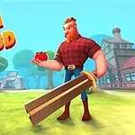 Muž v kostkované košili drží obrovský meč a jablko na pozadí vesnice s nápisem Slash Ville 3D