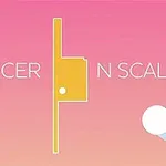 Růžovo-oranžové pozadí s bílou koulí a žlutým geometrickým tvarem mezi slovy SLICER a N SCALE