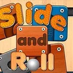 Dřevěná tabulka s nápisem Slide and Roll a kovovou kuličkou uprostřed