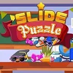 Barevná grafika s nápisem SLIDE Puzzle nad školní lavicí plnou různých předmětů jako brýle, čepice a glóbus