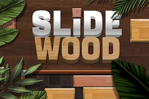 Nápis „SLIDE WOOD z dřevěných a kovových písmen na pozadí dřevěných panelů s tropickými listy