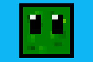 Zelený pixelovaný čtverec s velkými černými a bílými očima na modrém pozadí