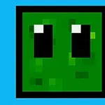 Zelený pixelovaný čtverec s velkými černými a bílými očima na modrém pozadí