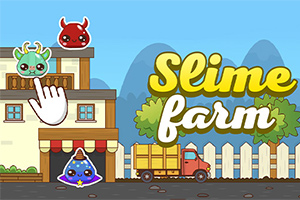 Barevné kreslené postavičky na farmě s nápisem Slime Farm na pozadí hor
