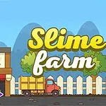 Barevné kreslené postavičky na farmě s nápisem Slime Farm na pozadí hor