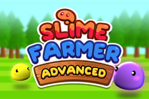 Název Slime Farmer Advanced ve stylizovaném písmu s barevnými slizovými postavičkami na trávě před lesem
