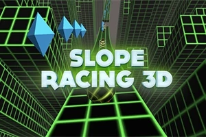 Text SLOPE RACING 3D je umístěn na pozadí zelené futuristické mřížky s modrými geometrickými tvary