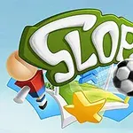 Barevný nápis Slope s motivy fotbalu, hvězdy a branky na modrém pozadí