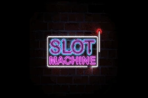 Neonový nápis SLOT MACHINE na pozadí tmavé cihlové zdi