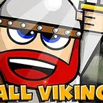 Kreslený Viking s červeným vousem, kovovou helmou a štítem, s nápisem SMALL VIKING ve žlutých písmenech