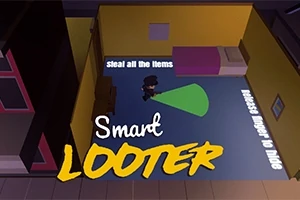 Postava v klobouku v místnosti osvětlené zeleným kuželem světla s nápisy steal all the items a Release finger to hide