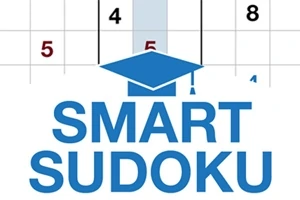 Název Smart Sudoku v modré barvě, nahoře s modrou promoční čapkou a částí sudoku s čísly 4, 5 a 8
