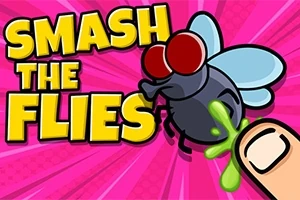 Velká kreslená moucha s červenýma očima a modrými křídly je blízko lidského prstu na růžovém pozadí s textem Smash The Flies