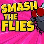 Velká kreslená moucha s červenýma očima a modrými křídly je blízko lidského prstu na růžovém pozadí s textem Smash The Flies