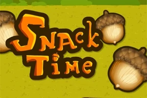Nápis Snack Time vedle tří žaludů na zeleném pozadí