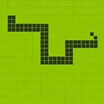 Černý pixelový had na zeleném pozadí se čtvercovou mřížkou