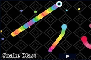 Barevný, hadovitý objekt na černém pozadí s obrazci a textem Snake Blast v levém dolním rohu